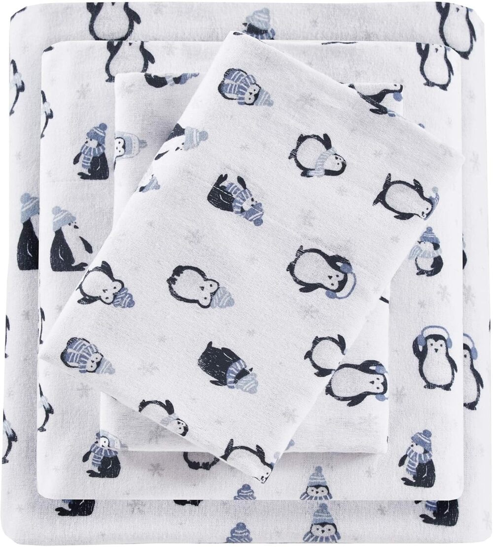 Intelligent Design Cozy Soft 100% Cotton Flannel Full Blue Penguins 4 Piece